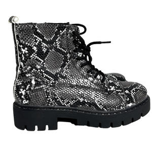 XAppeal Women’s Snakeskin Combat Moto Boots Zip Lace Up Size 7 Black White Gray